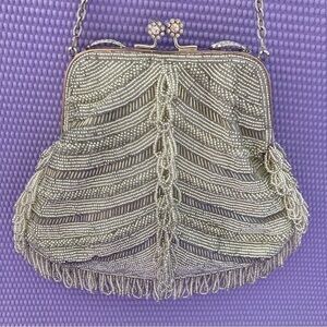 INGE CHRISTOPHER Beaded & Rhinestone Silver Metallic Convertible Clutch   8”x 7”